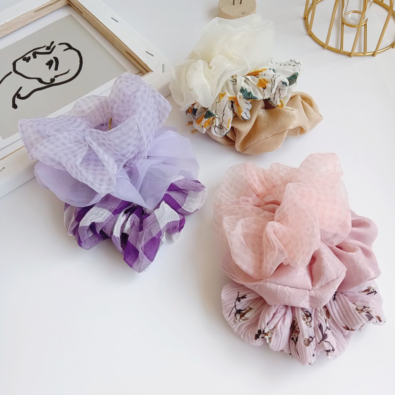 Scrunchies Cột Tóc Vải Set 3 Cái Cùng Tone Màu Nhiều Hoa Văn Trendy