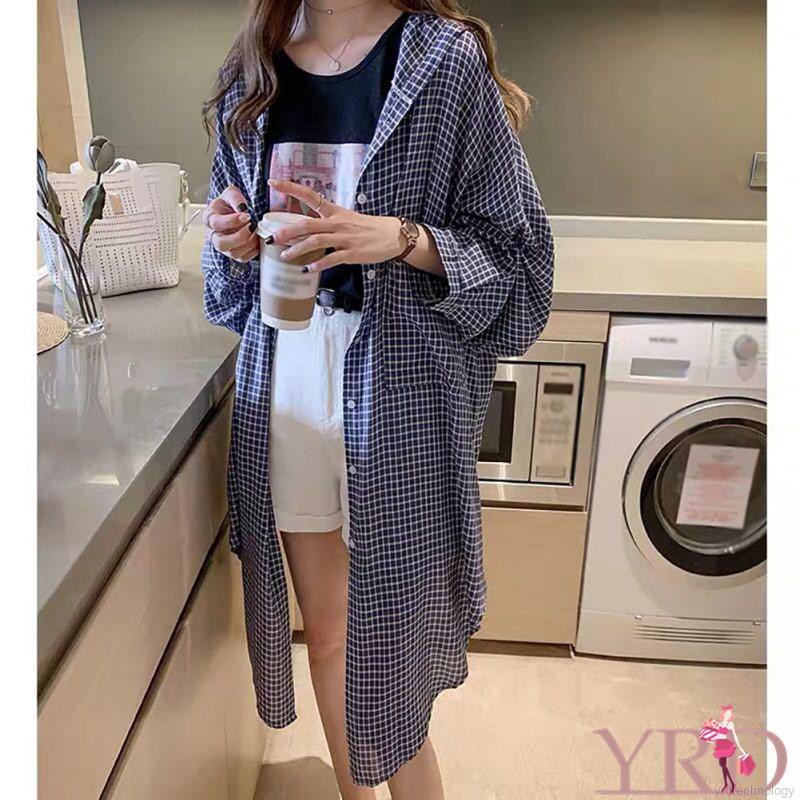 Áo hoodie dáng rộng sọc caro cài 1 hàng khuy kiểu vintage thời trang cho nữ