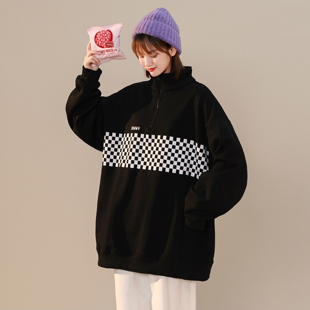 Áo Nỉ Khóa Cổ Beeterno ❤ Áo Nỉ Cổ Bẻ In Caro Unisex