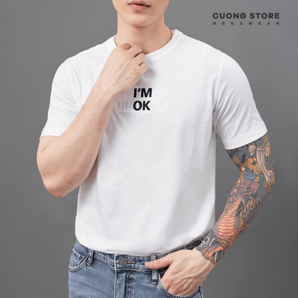 Áo thun cổ tròn thêu chữ I'M OK - I'M BROKEN CHEMICAL 2103005 chất cotton cao cấp dày dặn chuẩn form - MENFIT