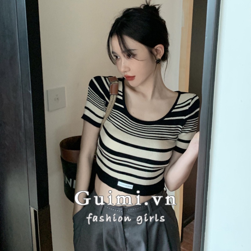 Áo dệt kim NZN tay ngắn cổ vuông họa tiết sọc caro quyến rũ thời trang mùa hè cho nữ