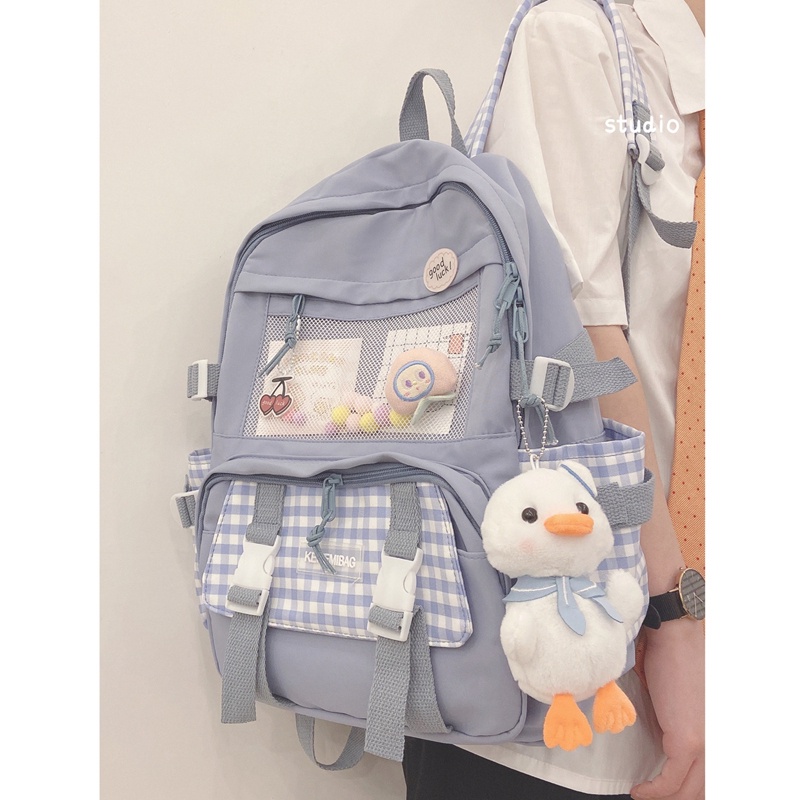 Balo nữ đi học thời trang hàn quốc chất liệu vải dù kẻ sọc caro chống nước chống sock laptop 15.6 inch cao cấp 7009