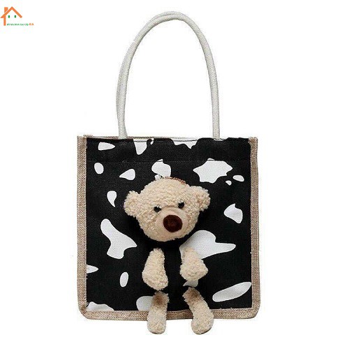 [Shopee]Túi cói đựng đồ kèm gấu Teddy hình vuông CỰC dễ thương