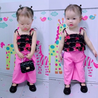 Set bộ áo dây hoa cúc 3 tầng kết hợp quần ống rộng thời trang chất lụa mềm mại cho bé gái hàng thiết kế cao cấp