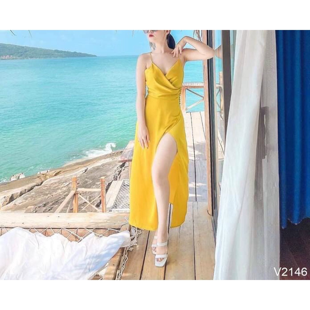ĐẦM MAXI VÀNG PHỐI NÚT EO DÂY CHÉO LƯNG - DA2479