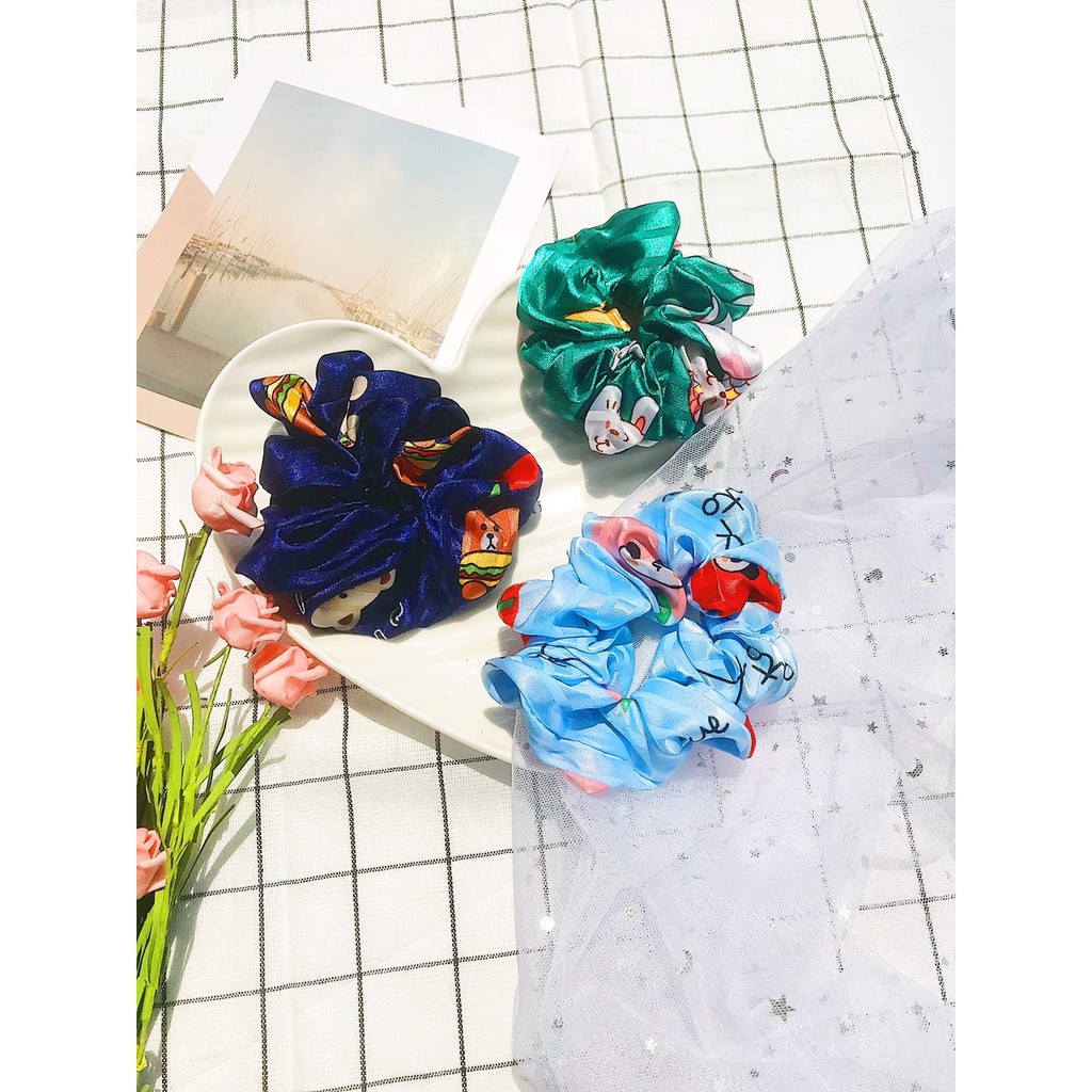 [Ảnh Thật] Dây buộc tóc Scrunchies satin LineFriendsScrunchie hoạ tiết Lụa