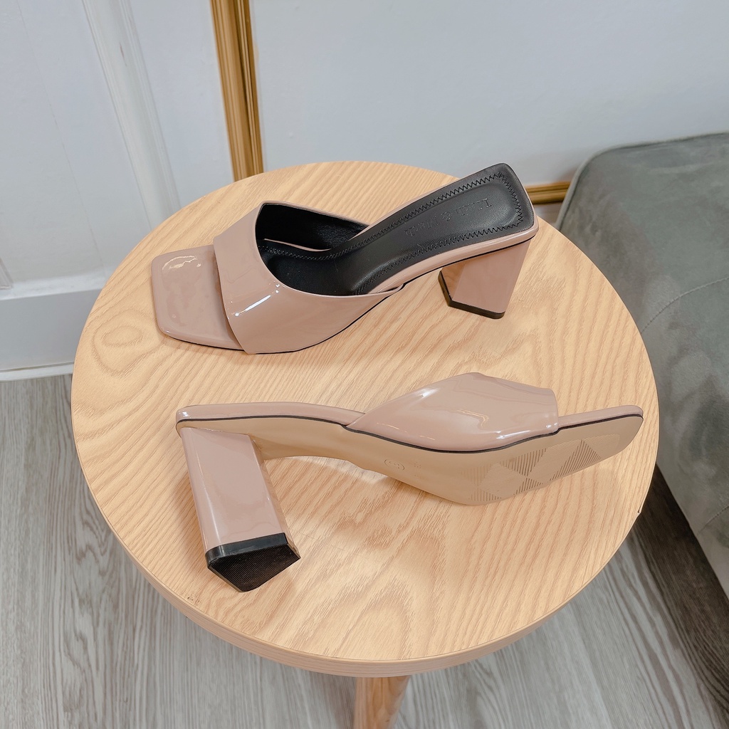 Dép guốc 7P Gót trụ Mũi vuông Da bóng Êm Cao Cấp