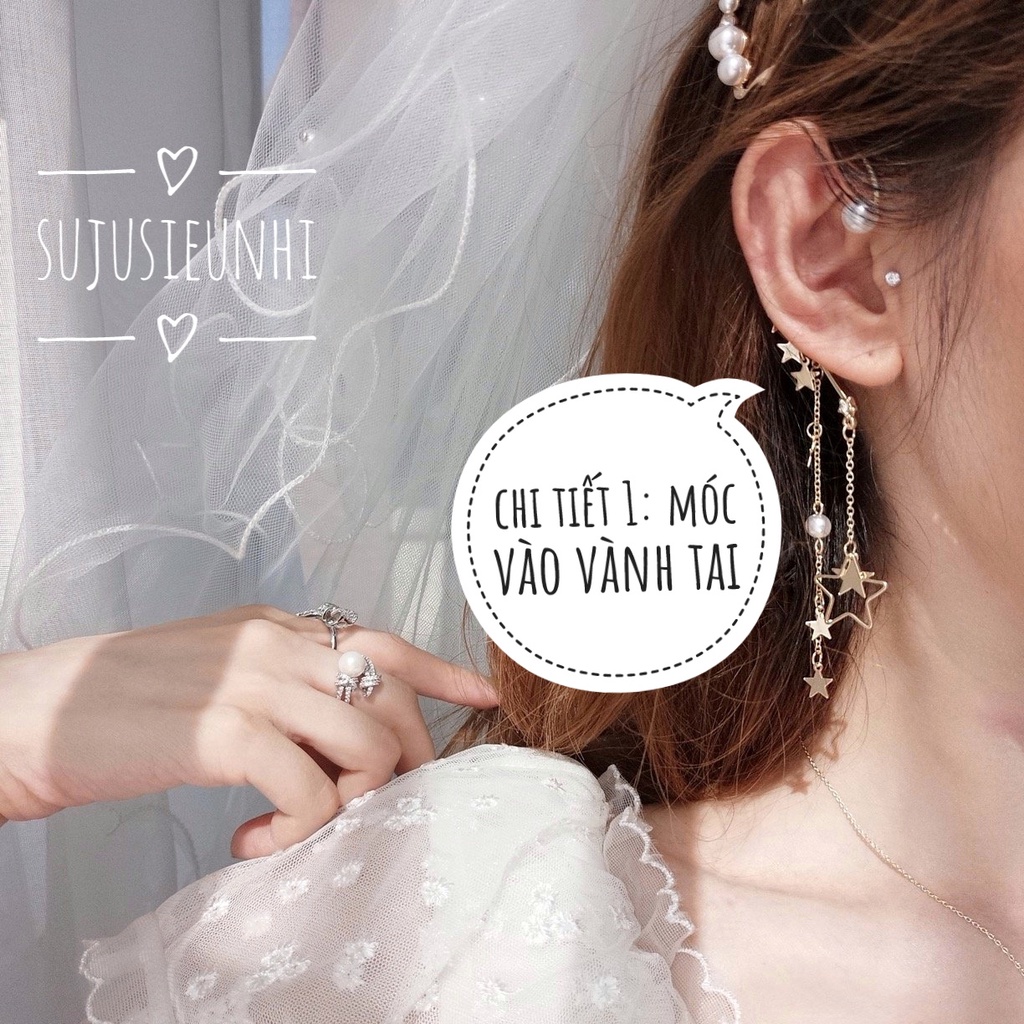 (ko xỏ lỗ) khuyên tai sao ngọc kẹp vành 2 chiếc đeo cùng bên nữ tính