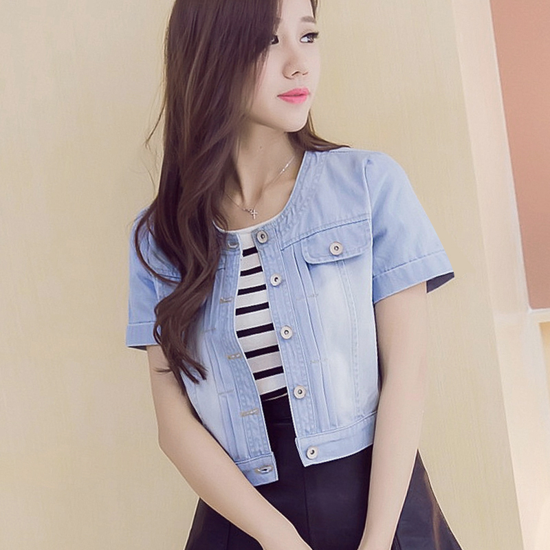 Korean Style Slim Short Sleeve Denim Jacket for Women Plus Size Denim Jacket Female Spring Autumn Casual Round Neck Sweet Thin Cropped Jeans Jacket