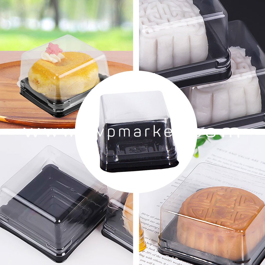 Hộp Nhựa Đựng Bánh Trung Thu Hình Vuông Trong Suốt Đế Đen - Đại Vạn Phát