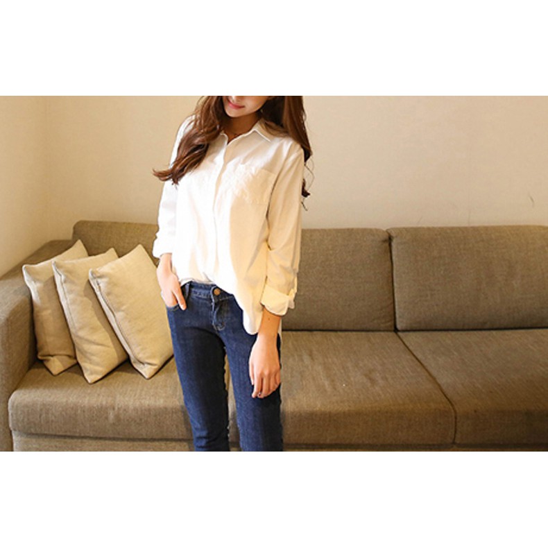 SUXI Áo kiểu Cotton trắng form rộng tay dài 8283 #
