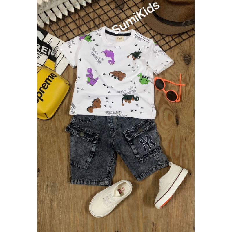Set quần jean mềm NY áo khủng long bé trai
