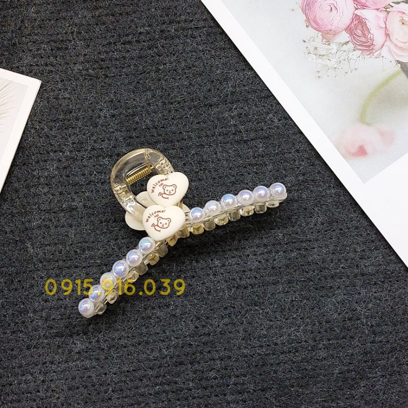 Kẹp tóc nhựa đính hạt châu có ánh nhũ