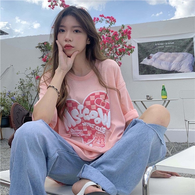 Cherryshop Sẵn sàng giao hàng 🔥Áo Thun Tay Ngắn Thời🍄 Oversize Dễ thương Ngọt Ngào Màu hồng tình yêu gấu in Áo Thun Đen trắng hồng ba màu