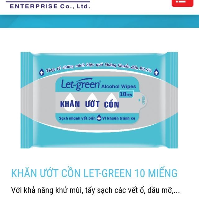 Khăn ướt cồn Let-green 50 tờ/bao (hàng có sẵn)