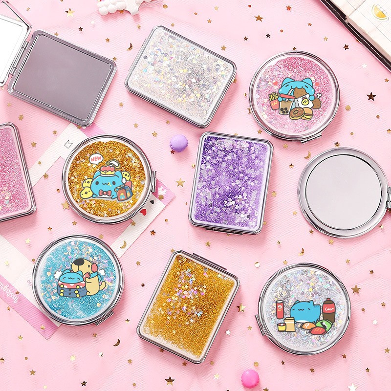 Gương nước chảy kim tuyến mèo capoo in hình GNI37 gương 2 mặt