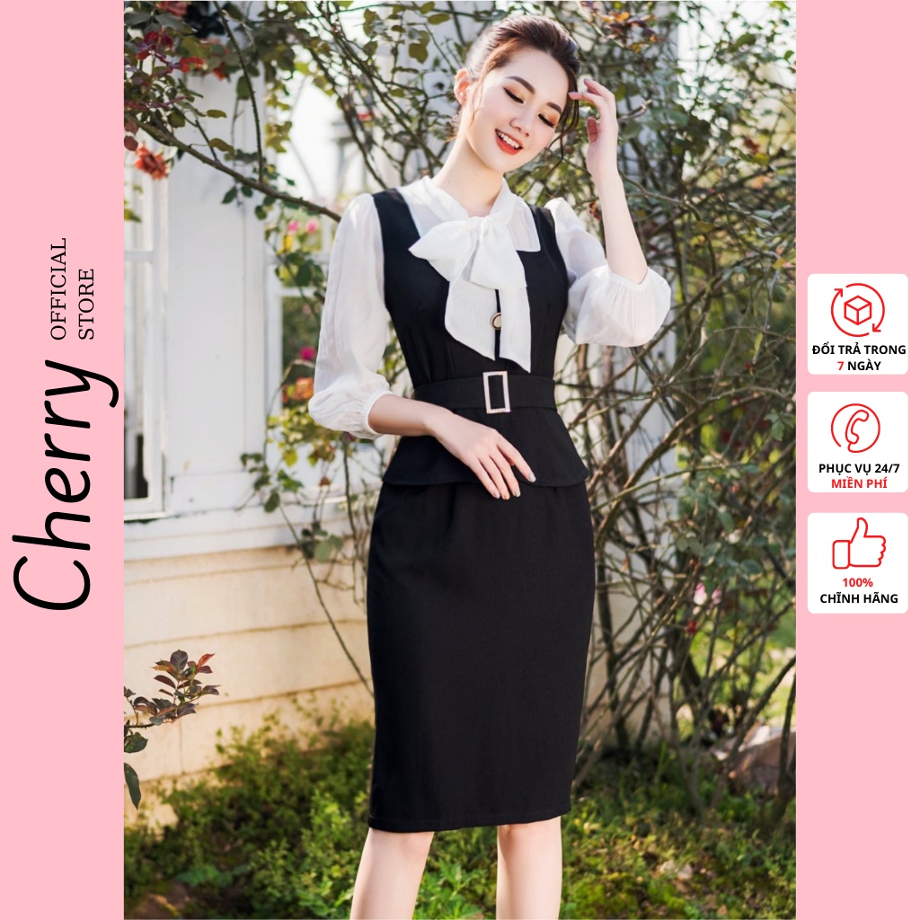 Váy công sở liền thân body thắt eo áo sơ mi cổ áo thắt nơ CHERRY A1382