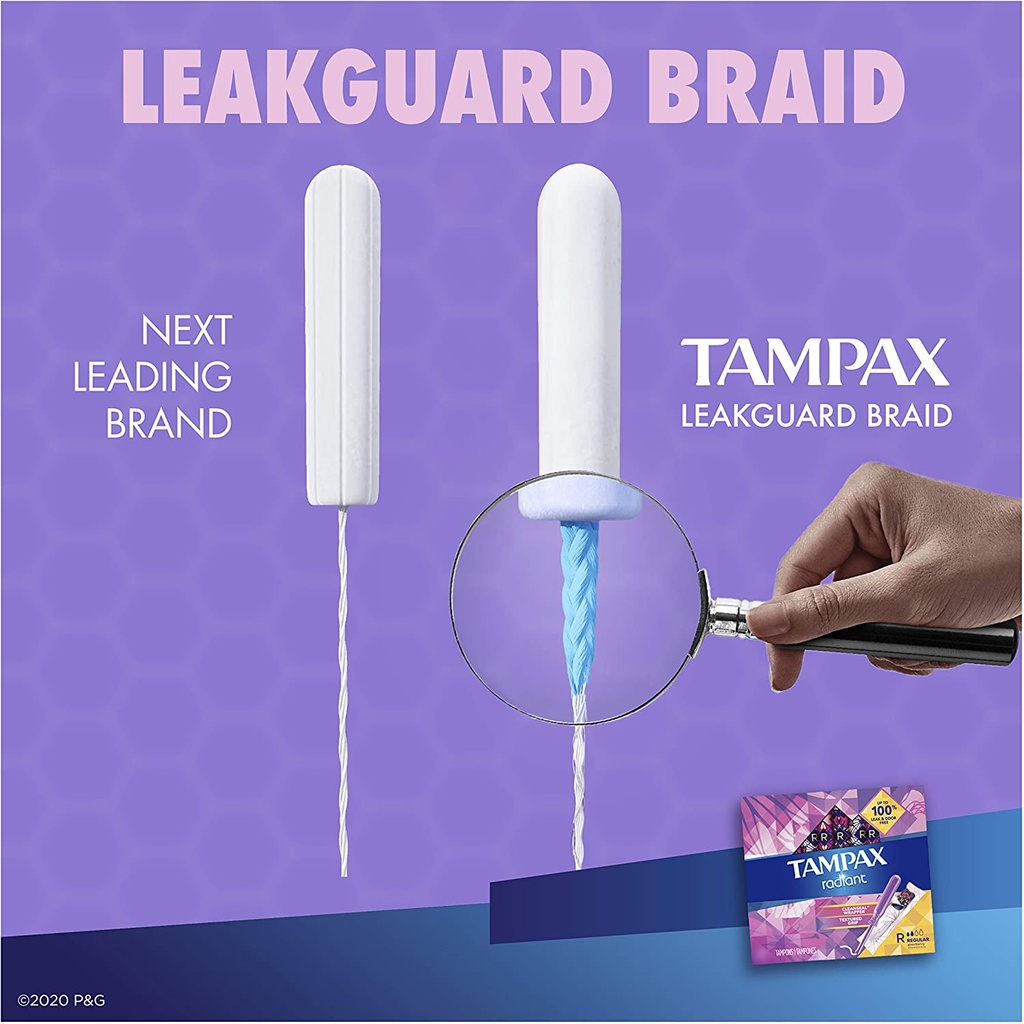Tampax radiant Tampon Regular 28 miếng cán nhựa cao cấp siêu thấm không mùi