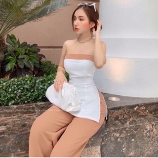 set áo cúp xẻ tà + quần ống suông