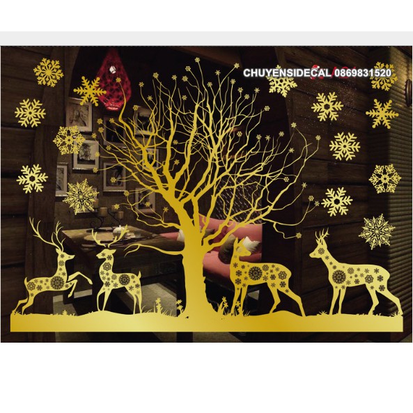 Decal Hít Tinh Điện trang trí Noel - Rừng Nai Vàng Đồng