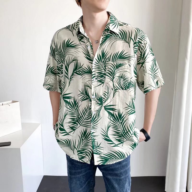 Áo Sơ Mi Nam Tay Ngắn Có Cổ Họa Tiết Lá Cây Size M-3XL