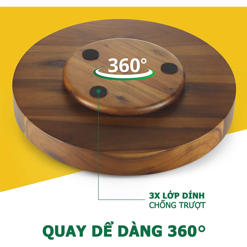 Khay gỗ xoay 360 độ đường kính 33cm, decor trang trí thức ăn, đựng đồ dùng nhà bếp - Màu nâu gỗ và trắng