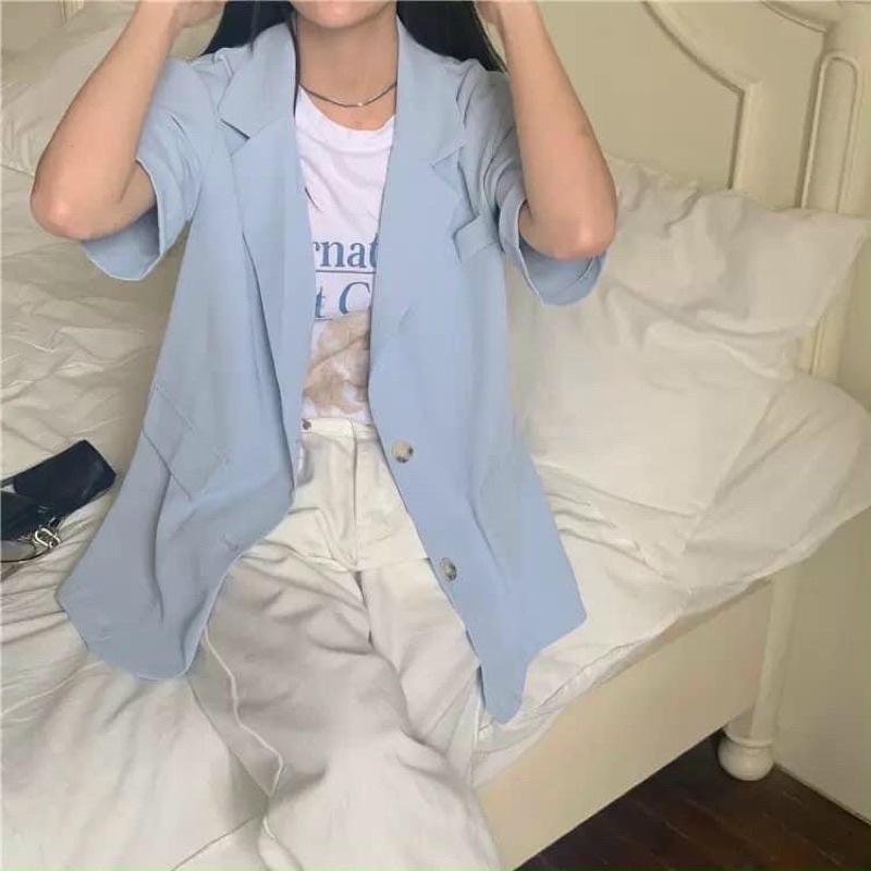 [Ảnh thật/Sẵn]Áo blazer ngắn tay nắp túi màu xanh trời/Áo vest ngắn tay Ulzzang