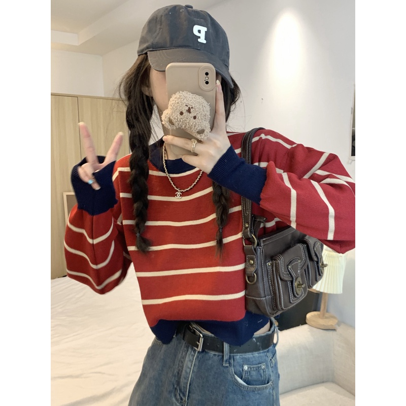 ZHELIHANGFEI Áo Len Tay Dài Lưng Cao Họa Tiết Kẻ Sọc Hợp Thời Trang