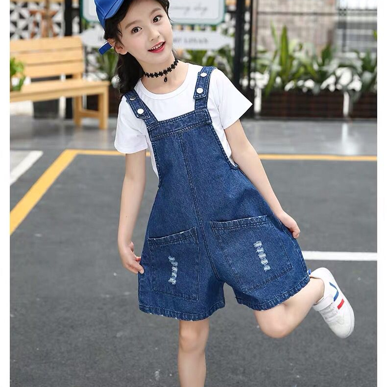 Set Quần Yếm Denim Và Áo Thun Tay Ngắn Thời Trang Châu Âu 2021 Cho Bé Gái