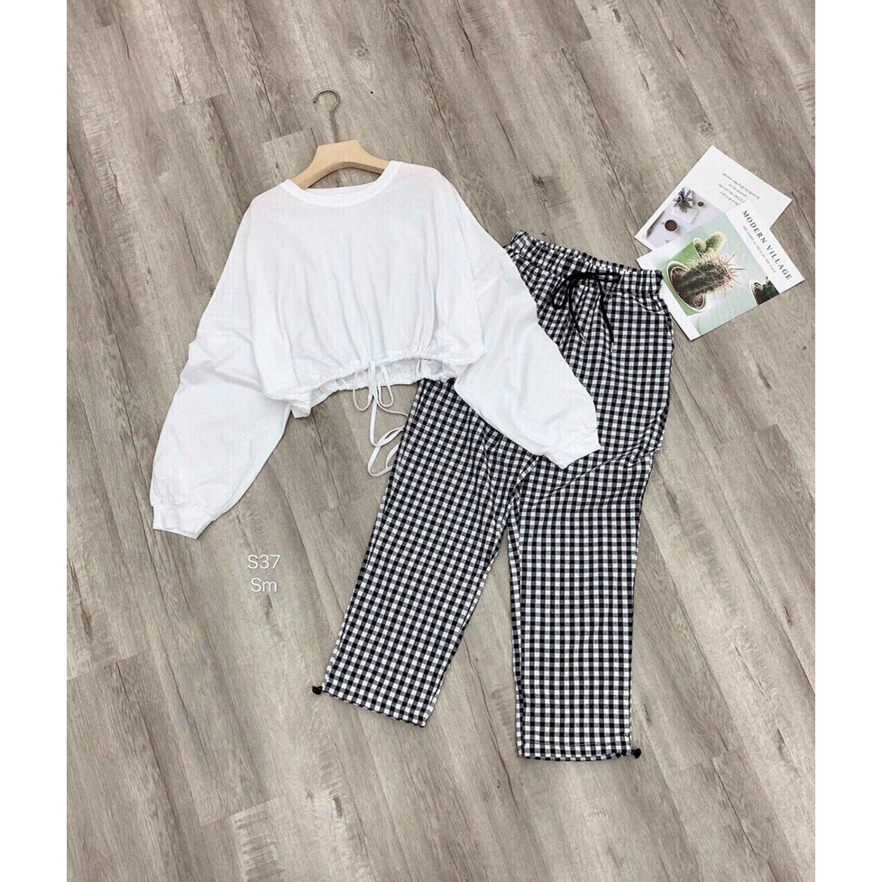 Set đồ nữ đi chơi cá tính,  đồ bộ nữ dễ thương với quần dài ống rộng lưng thun kèm áo kiểu nữ form rộng dài tay cực xinh