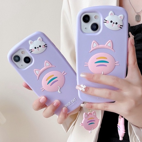 Ốp Điện Thoại Silicon Mềm Hình Mèo 3D Màu Tím Gắn Móc Khóa Cho Iphone 13 12 11 pro max xs max xr x 6 6s 7 8 plus