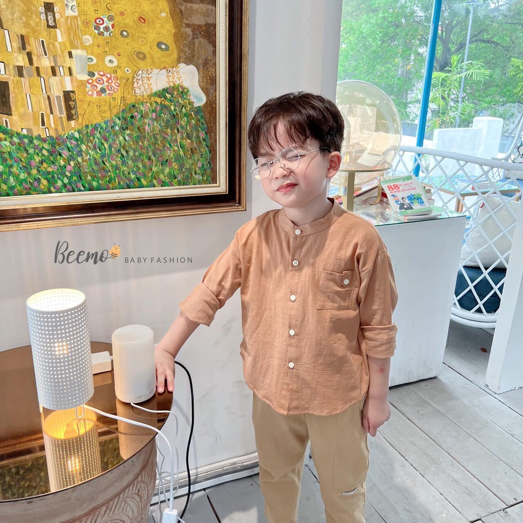 Áo sơ mi cổ tàu dài tay phối túi ngực Beemo cho bé trai
