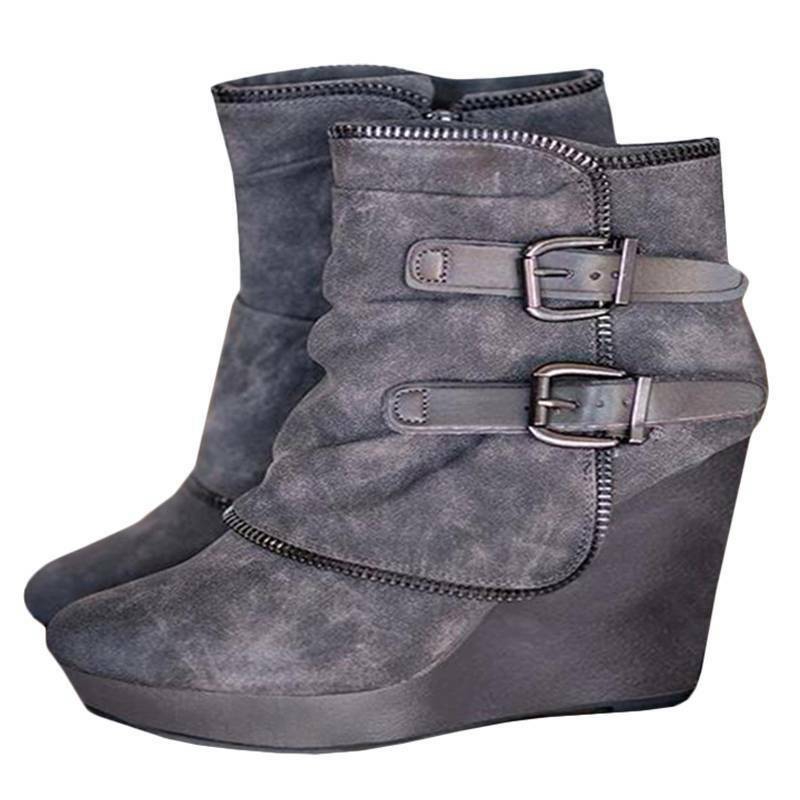 Womens Wedge Ankle Boots Pointed Toe Zip Up Buckle High Heel Casual