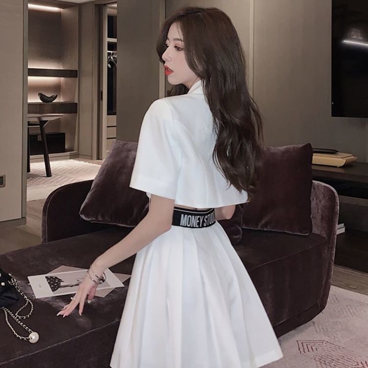 Đầm ngắn xếp nếp cạp cao in màu phong cách mùa hè đơn giản mới cho nữ