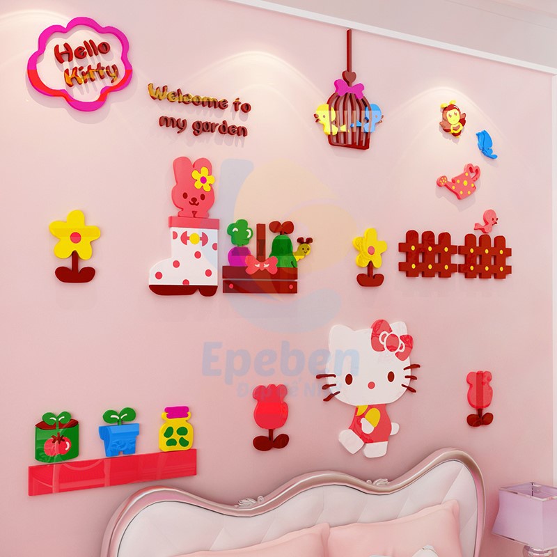 Tranh dán tường mica 3d decor khổ lớn không gian nhỏ của hello kitty trang trí mầm non, phòng cho bé Nhiều Size - EPeBen