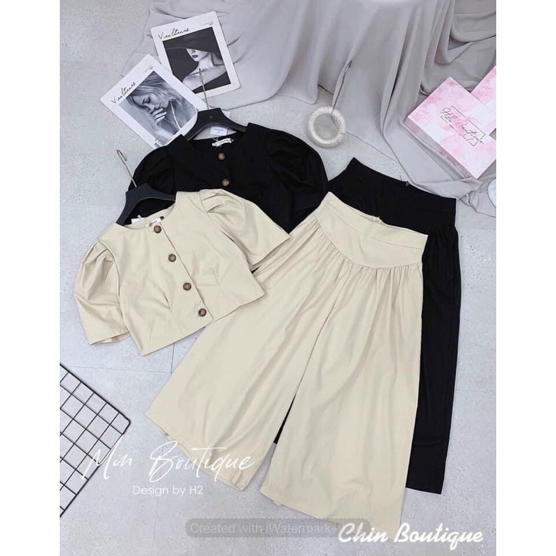 Set áo cổ tròn tay bồng + quần ống rộng | BigBuy360 - bigbuy360.vn