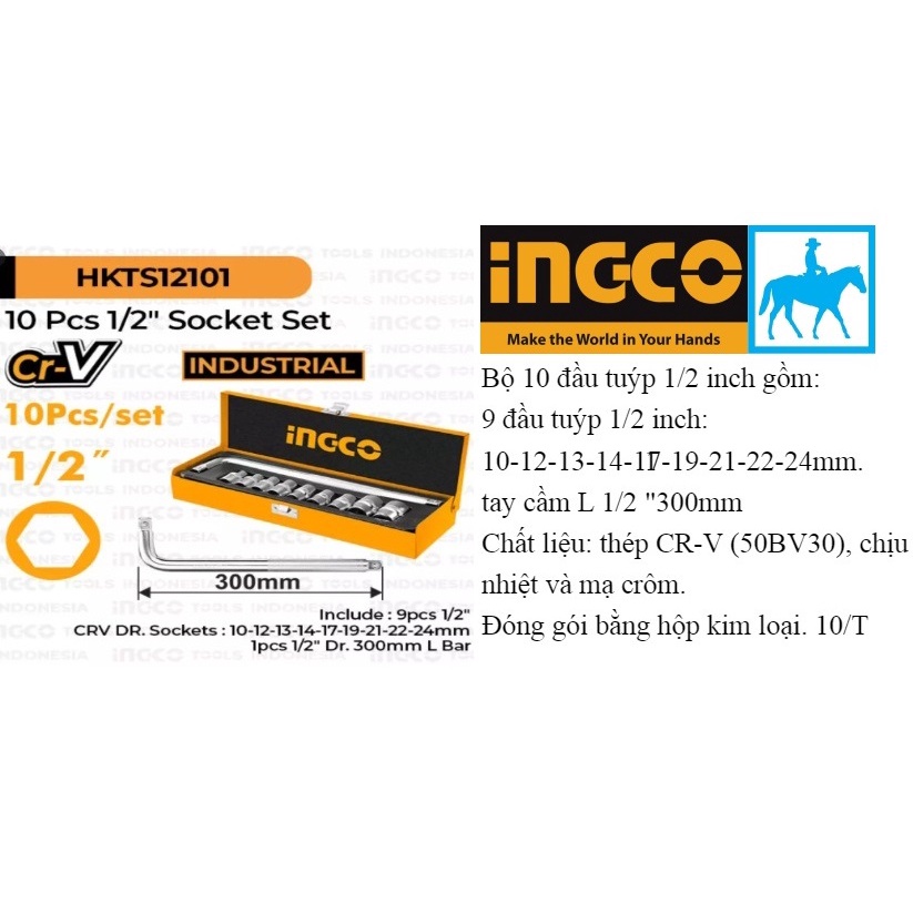 Bộ 10 đầu tuýp kèm tay vặn chữ L 1/2inch INGCO HKTS12101