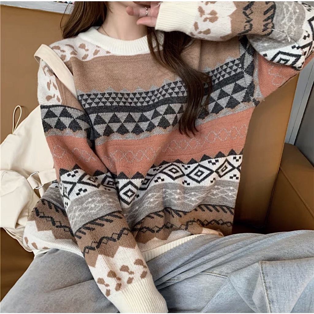 [Ảnh thật] Áo len hoạ tiết thổ cẩm dáng rộng ulzzang - Áo len thổ cẩm mùa đông
