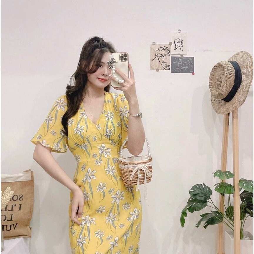 Đầm maxi nữ cổ V đuôi cá dáng dài phối hoa