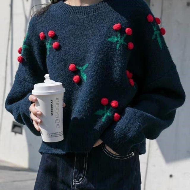 Áo dệt kim cổ tròn thoáng khí họa tiết Cherry xinh xắn dành cho nữ | BigBuy360 - bigbuy360.vn