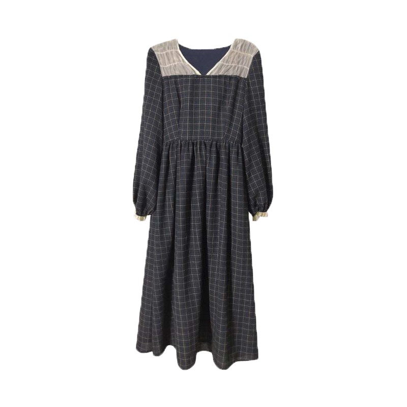 Váy kẻ xòe dáng dài cổ V kiểu Pháp mùa thu Vintage  Kèm ảnh thật