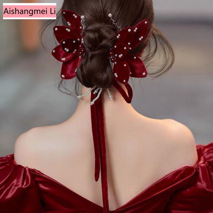 [Aishang Xinh Đẹp] Kẹp Tóc Hình Nơ Bằng Nhung Màu Đỏ Rượu Vang Siêu Nữ Tính Cho Cô Dâu Trong Tiệc Cưới