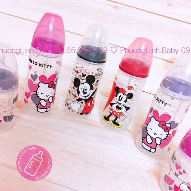 Ảnh Thật, Chính Hãng, Bình Sữa NUK Hello Kitty Premium Choice+ Nhựa PP 150ml, 300ml Núm S1-M, Micky 300ml núm S2-M