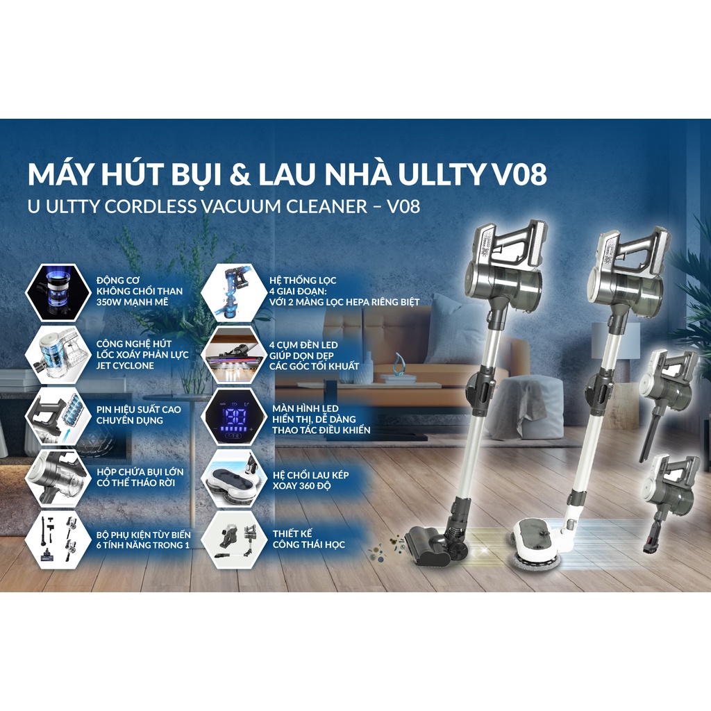 Máy hút bụi lau nhà cầm tay không dây Ultty V08 Pháp - Lực hút 24000 pascal - Hàng chính hãng BH 24 tháng - Befoyo