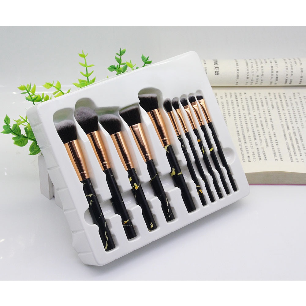 [Hàng mới về] Set 10 cọ trang điểm mềm mại tay cầm gỗ họa tiết vân đá cẩm thạch độc đáo