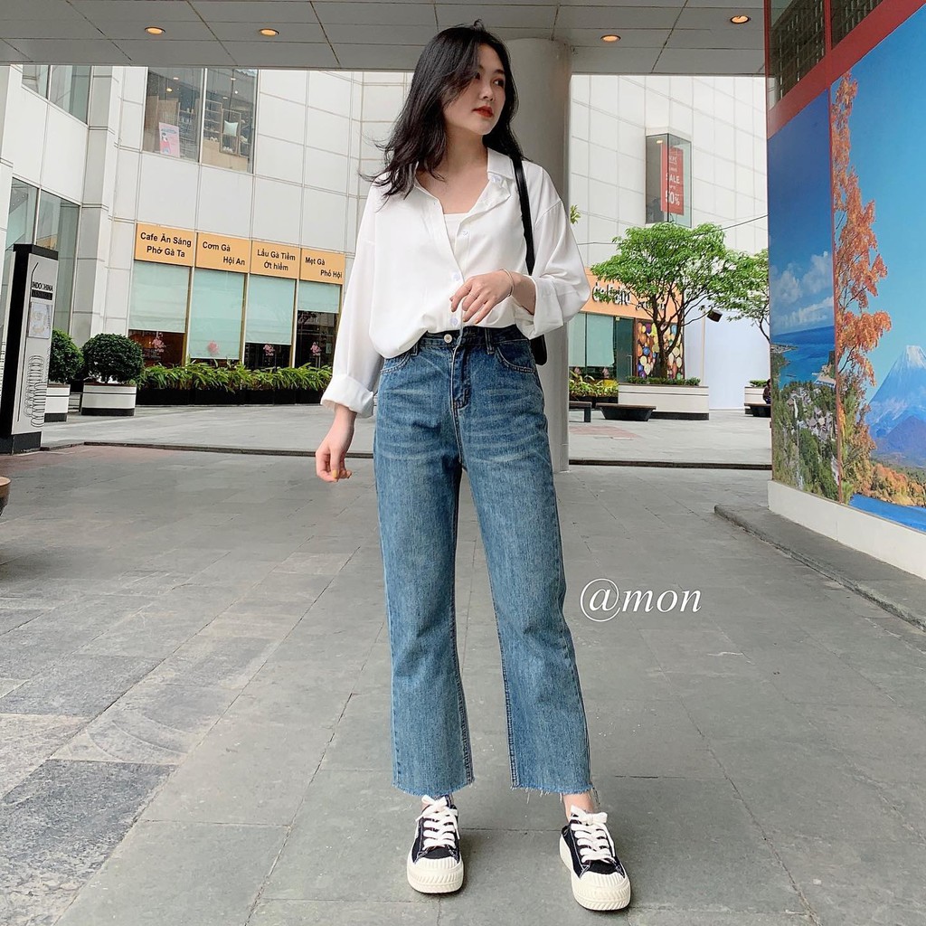 2101349 Quần jeans nữ ống đứng form vừa dáng basic ulzzang màu xanh vintage có size