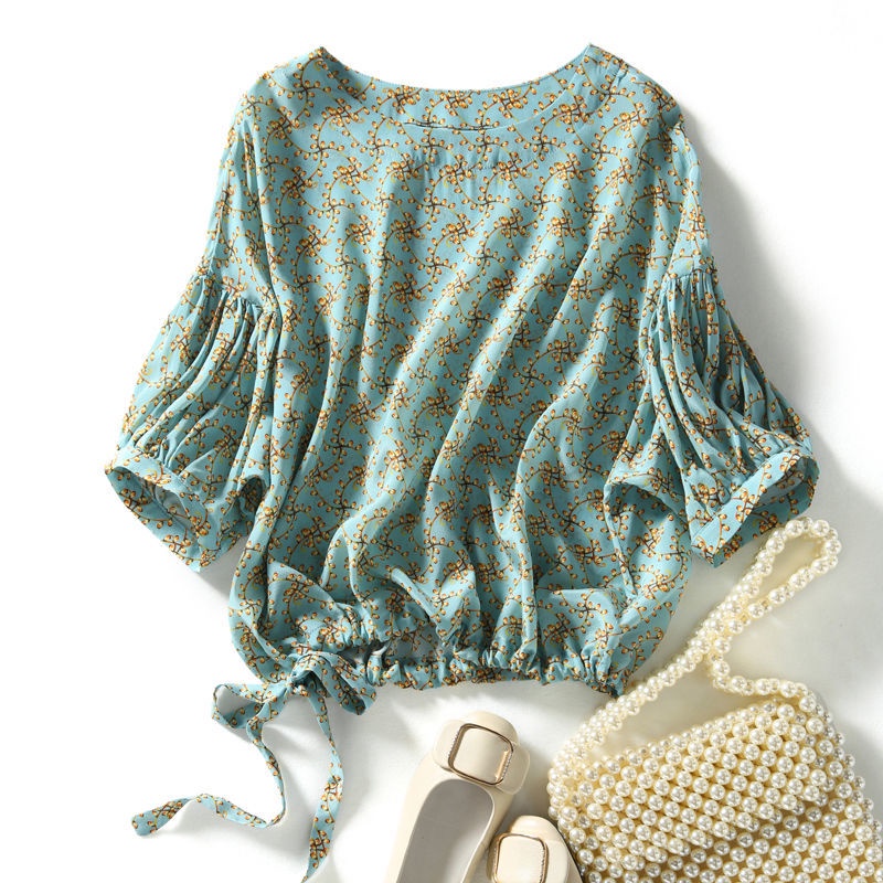 Áo Sơ Mi Chiffon Cổ Tròn Dáng Rộng In Họa Tiết Phong Cách Phương Tây Thời Trang Mùa