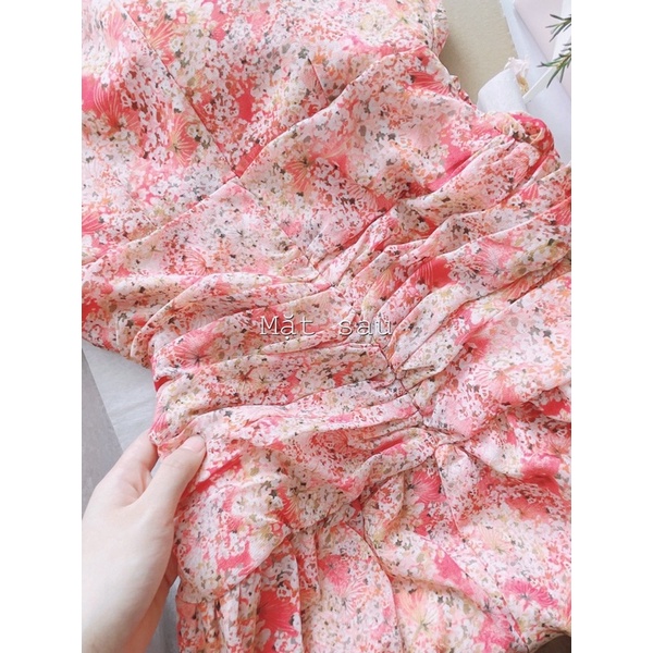 Váy hoa nhí tay bồng dúm eo hoa hồng vintage tiểu thư 2 lớp, đầm dự tiệc đuôi cá sang chảnh