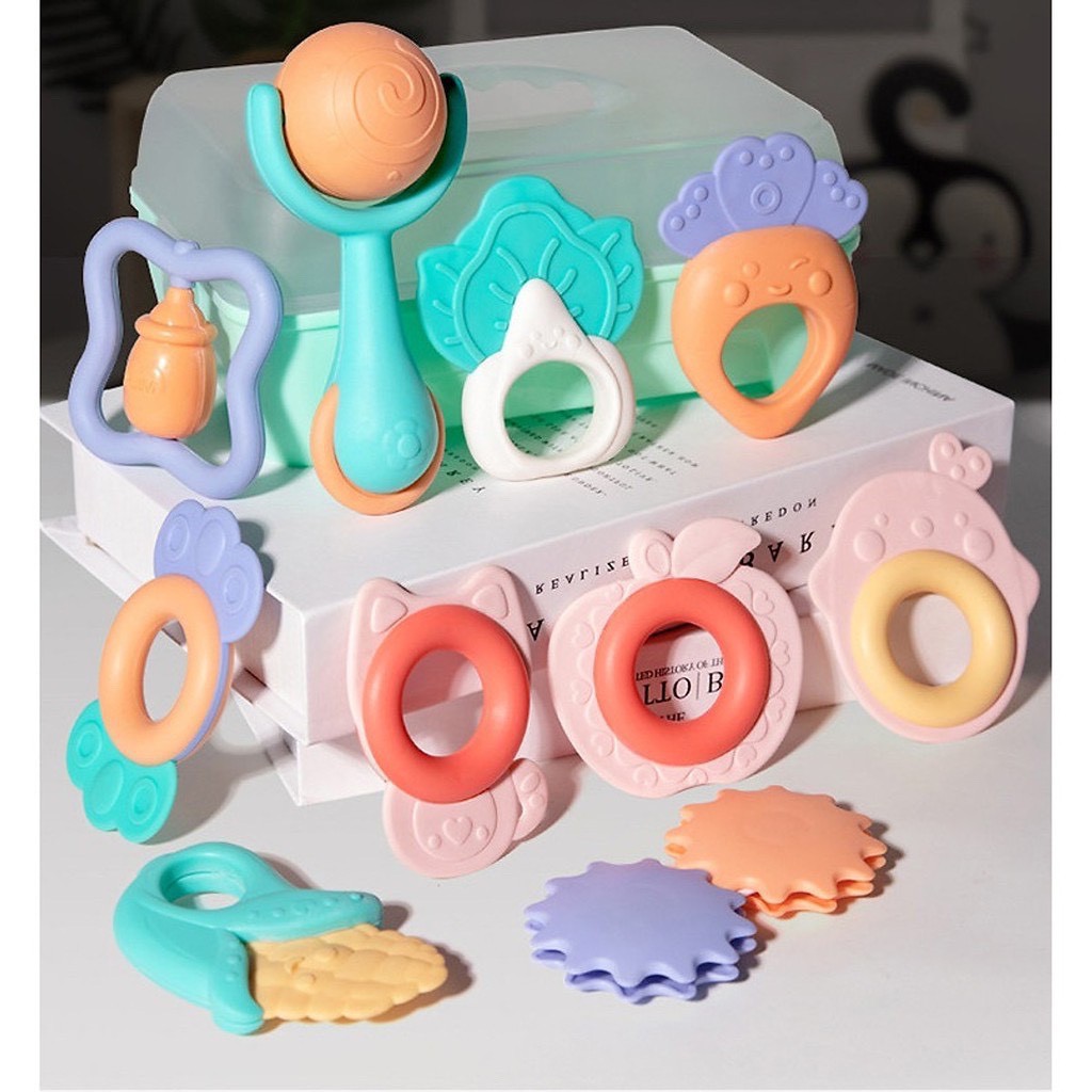 Set 10 Gặm Nướu Lục Lạc Đồ Chơi Cầm Nắm Kèm Hộp Đựng Baby Rattle Cho Bé