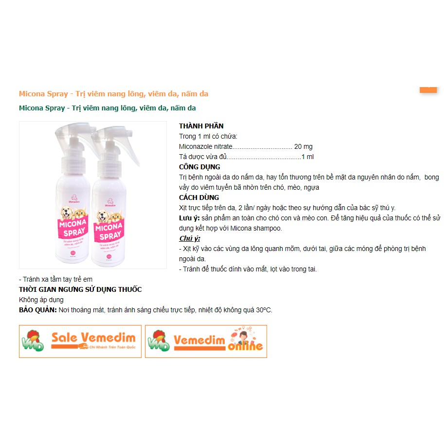 Micona Spray -Trị viêm nang lông, viêm da, nấm da dành cho chó mèo